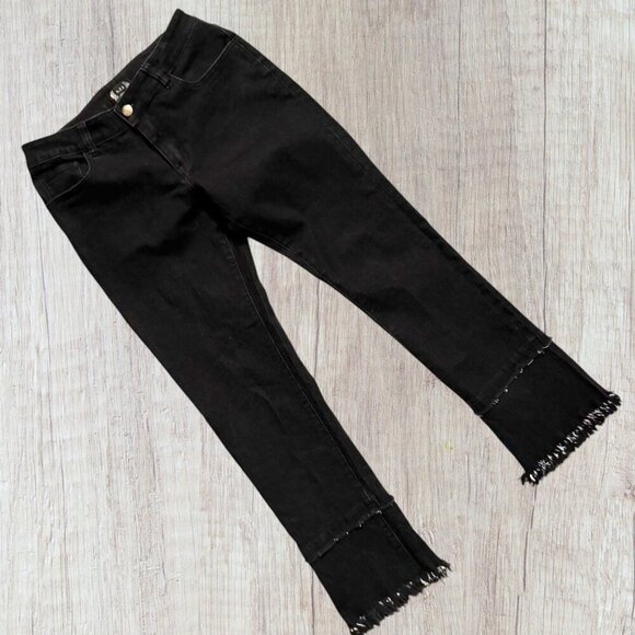 A.Z.I. Black Stretch Denim Mid Rise Raw Edge Double Fringe Hem Jeans 6 8 - Picture 1 of 6